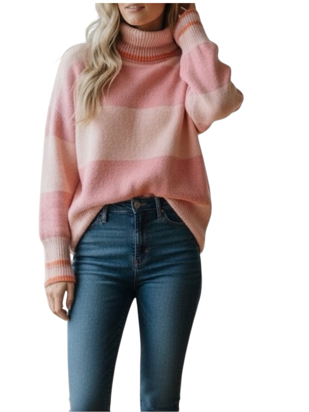 J. Crew Striped Turtleneck Sweater Supersoft Yarn Heather Pale Pink NWT